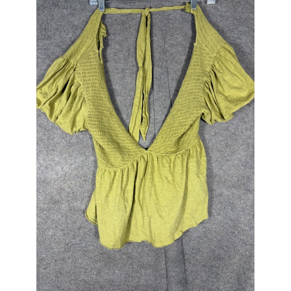 Free People Smocked Halter Top Lime Green Cotton Puff Sleeve Peplum OB1635188 L